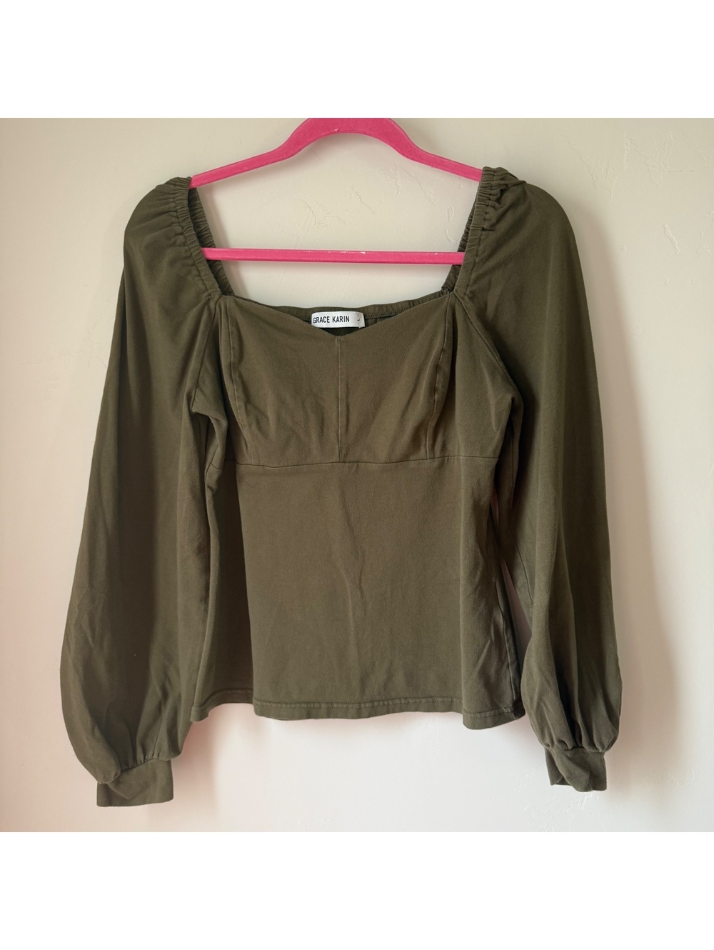 Grace Karin Olive Green Puff Sleeve Top | large